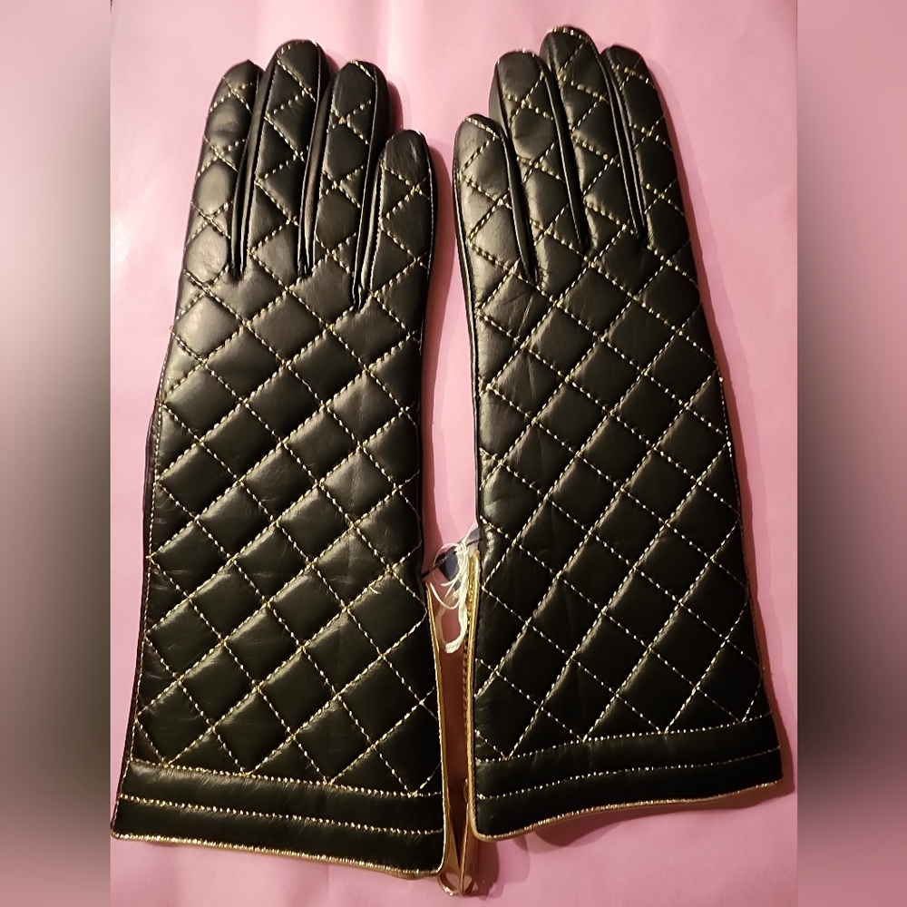 PORTOLANO LONG LEATHER GLOVES WITH GOLD TRIM AND ZIPPERS SIZE 7 NWT